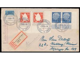 15 Pf. Heuss und 20 Pf. Bonifatius als waagrechte  Eckrand-Paare  rechts unten mit Notopfermarke   auf Einschreibbrief, Stemp