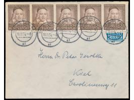 4 Pf. "Helfer der Menschheit" als waagerechter Fünferstreifem und Notopfermarke auf Brief mit Stempel Wiesbaden 1 19.11.54 na