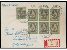 Katholikentag 10 Pf. : Einzelmarke und  Eckrand-Sechserblock  rechts oben auf Einschreibbrief mit Stempel Essen 1 29.8.56 nac