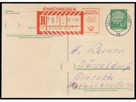 1. Automaten-Versuchs-Einschreibzettel  im Freistempelmuster: Ganzsache 10 Pf. mit Versuchs-R-Zettel  Düsseldorf 1  mit Nr. 7