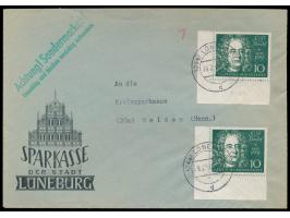 2 x  Blockmarke 10 Pf. Bach  auf Brief der Sparkasse Lüneburg mit Stempel  Lüneburg 2  29.2.60  an die Kreissparkasse in Uelz
