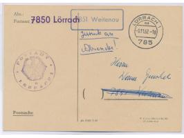 Karte &nbsp;&quot;Rückfrage nach einer Einzahlung&quot; &nbsp;mit Stempel des Postamts Lörrach vom &nbsp;9.11.62, die Antwort
