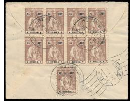 Portugiesisch-Indien,  9 x 6 Reis (Ceres) rückseitig auf  Einschreibbrief  nach Deutschland, drei saubere Stempel  Correos Ca