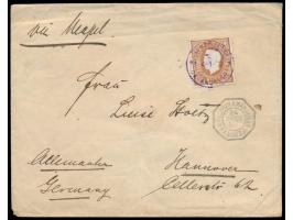 Mocambique,  Einzelfrankatur 100 Reis (1886) auf Brief nach Deutschland, violetter Stempel  Correio Angoche  4.1.97, Absender