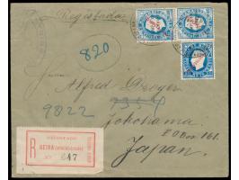 Mocambique-Gesellschaft:  3 x 50 Reis mit schwarzem Aufdruck "Compa de Mocambique" und rotem Aufdruck "Provisorio" (eine Mark