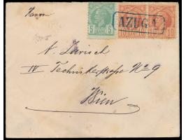 Ausgabe 1886: 5 B. und 2 x 10 B. auf Brief mit blauem Rahmenstempel  Azuga  nach Wien, Durchgangsstempel Ploesti 7.2.87 und A