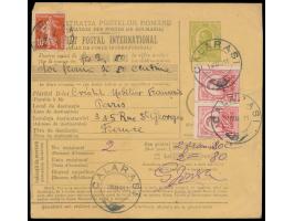 Zwei Internationale Postanweisungen 5 Bani (Ausgabe 1905 bzw. 1910), beide mit Zusatzfrankatur 2 x 10 Bani nach Frankreich, S