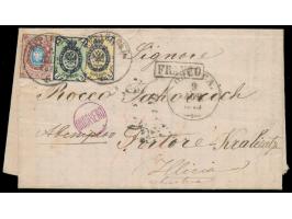 Ausgabe 1866: 1 Kop., 3 Kop. (senkrecht gestreiftes Papier) und 10 Kop. mit Stempel  Berdiansk  4.4.1873 auf Faltbrief nach Ö