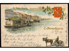 mehrfarbige  Litho-Ansichtskarte St. Petersbourg - Quay Anglais,  Frankatur 4 Kop., Nummernstempel 3 und Stempel St. Petersbu