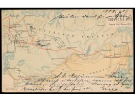 Ansichtskarte zugunsten des Roten Kreuzes mit Abbildung des Streckennetzes der Transsibirischen- und Ostchinesischen-Eisenbah