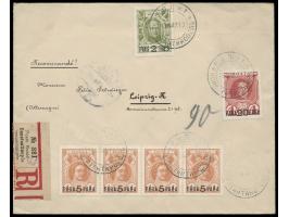 Post in der Türkei,  Einschreibbrief mit 4 x 5 Pa. auf 1 Kop., 20 Pa. auf 4 Kop. und 2  Pia. auf 20 Kop. Romanow nach Deutsch