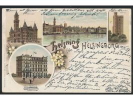 10 Öre auf Ansichtskarte  Helsing fran Helsingborg,  Stempel Helsingborg 10.2.97, Ankunftstempel Blankenburg 12.2.97, dekorat