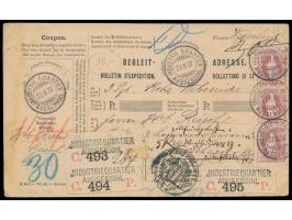 Stehende Helvetia 1 Fr, lila, Dreierstreifen senkrecht, Auslands-Paketkarte, für 3 Pakete, Stempel Industrie Quartier Aussers