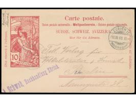 Sonderganzsache 10 Rp. UPU  mit rückseitig blauem  Bildzudruck "Cacao Suchard" - Schweizer Chalets  (Ganzsachen-Handbuch Nr. 