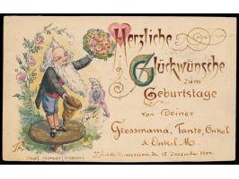 Auslands-Ganzsache 10 Ct. UPU, Stempel Zürich 15.12.0ß, Ankunftsstempel Frankfurt 15.12., rückseitig  Malerei Glückwunsch zum