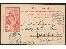 Auslands-Ganzsache 10 Ct. UPU, Stempel Zürich 15.12.0ß, Ankunftsstempel Frankfurt 15.12., rückseitig  Malerei Glückwunsch zum