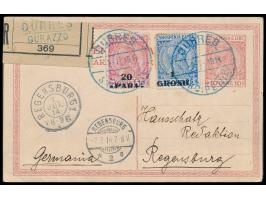 Ganzsache 10 Q. Skanderbeg mit Zusatzfrankatur 20 Pa. auf 10 Q. und 1 Gr. auf 25 Q. als  Einschreiben  nach Deutschland, blau