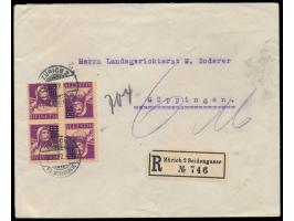 Tell Aufdruckmarke 20 C. auf 1t5 C. violett, Zusammendruck im  Viererblock  Typ A), auf Einschreibbrief Zürich Seidengassse 5