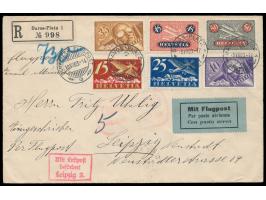 Luftpost-Marken 1923:  kompletter Satz von 6 Werten auf  Luftpost-Einschreibbrief  mit Stempel  Davos - Platz  9.8.23 nach Le