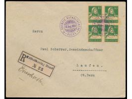 Sonderstempel Basel VI. Schweiz.  Katholikentag  10. 8. 1924 auf Viererblock 10 Ct. Tell grün, auf Einschreibbrief mit  Sonde