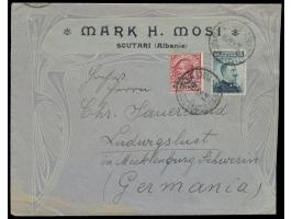 Italienische Post:  Scutari d´Albania 20 Pa. auf 10 C. und 30 Pa. auf 15 C. auf dekorativem Firmenumschlag nach Deutschland, 