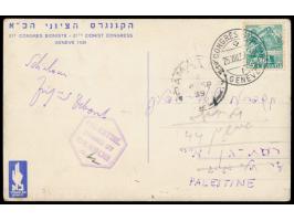 Sonderstempel  21e Congrès Sioniste Geneve  25.8.39 auf  Sonderkarte  mit Abbildung des Kongress-Gebäudes nach Palästina, Zen