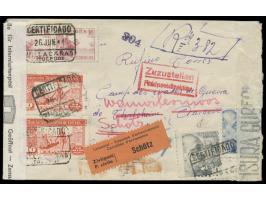 Spanien  2 x 10 C., 30 C. und 1 Pta. mit 2 x Zwangszuschlag 10 C. auf Einschreibbrief aus Villacanas (Toledo) 26.6.44 in die 