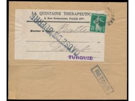 Frankreich 5 C. auf Zeitungsstreifband mit Stempel Paris 25.11.12  nach Uskub / Skopje, "Türkei",  wegen des Balkankrieges un