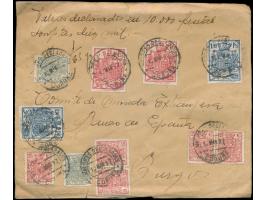 Stempelmarken-Aushilfsfrankatur  "Especial Movil" 2 x 15 C., 5 x 25 C., 2 x 1,50 Pts. und 2 x 3 Pts. komplett vorderseitig au