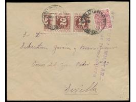 Brief zum 30 C.-Tarif mit Aushilfsfrankatur 25 C. Especial Movil und Paar 2 C. Ziffer mit anhängender Halbierung, Stempel  Ro