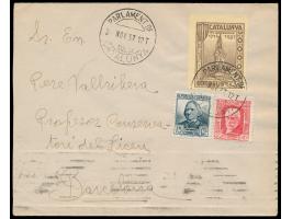 Pi de Llobregat:  ungezähnte Einzelmarke "Festa Nacional de Catalunya 5 C." mit 15 Cts. und 30 Cts. auf Brief nach Barcelona,