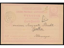 Türkei-Ganzsache 20 Pa. mit Stempel des französischen Postamts  Constantinople / Turquie  20.8.91 nach Deutschland, französis