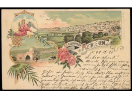 mehrfarbige Litho-Ansichtskarte  "Souvenir de Bethlehem",  Frankatur Türkei 20 Pa. (kleiner Eckfehler, Stempel  Jerusalem  22