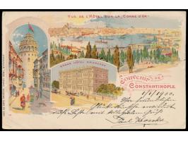 dekorative  Dreibild-Litho-Ansichtskarte  des  Grand Hôtel Kroecker, Constantinople  mit rumänischem Postkartenvordruck (Verl