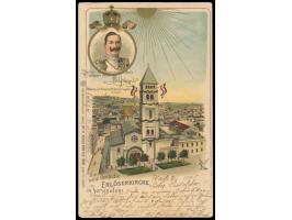 dekorative mehrfarbige  Litho-Ansichtskarte "Die neue deutsche Erlöserkirche in Jerusalem" , Frankatur Österreichische Post 2