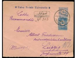 Ganzsachenumschlag 1 Pia. (rosa Papier, 1902) mit Zusatzfrankatur 1 Pia. (1901)  ungezähnt  als Einschreiben nach Deutschland