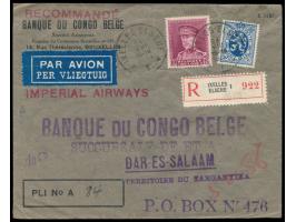 50 C. Wappenlöwe und Höchstwert  10 F. König Albert  auf  Luftpost-Einschreibbrief  nach Tanganyika, Stempel Ixelles - Elsene