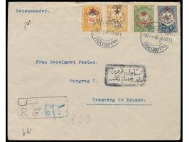 vier Marken mit Halbmond-Aufdruck und Jahreszahl 1331 auf  Einschreibbrief  nach Deutschland, Gesamtfrankatur 2 Pia. für den 