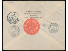 vier Marken mit Halbmond-Aufdruck und Jahreszahl 1331 auf  Einschreibbrief  nach Deutschland, Gesamtfrankatur 2 Pia. für den 