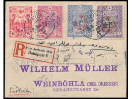 Einschreibbrief  mit Marken der Aufdruckausgabe 1916 und 1917 nach Deutschland, türkische Zensur,  R-Zettel "Vom Ausland über
