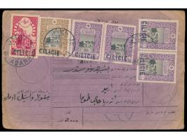 Cilicien,  Postjubiläum 4 x 1 Pia. und 1 x 5 Pia. (1916) und 25 Pia. (1916) mit Handstempelaufdruck Type I auf Paketkarte, St