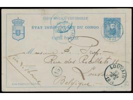 Belgisch-Congo,  Ganzsache 15 C. König Leopold, blauer Stempel  Matadi  23.12.1893, nach Belgien, Durchgangsstempel Boma 25.1