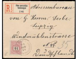 Einzelfrankatur 15 Kr. auf Einschreibbrief mit Stempel  Pécs Porcellán-Fayencegyár  15.8.99  (Porzellan-Fayence-Fabrik)  und 