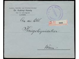 35 f. mit  Tarnstempel-Entwertung  rückseitig auf Einschreibbrief mit gedrucktem Absender aus  Ujvidek  nach Wien, R-Zettel m