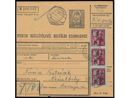 15 x Freimarke  "Csomag 10 kg" / 30 f  (Nominale 8.000.000 P.) beidseitig auf Inlandspaketkarte mit Stempel  Rakaca  23.5.46 