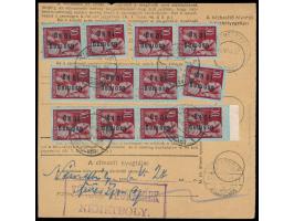 15 x Freimarke  "Csomag 10 kg" / 30 f  (Nominale 8.000.000 P.) beidseitig auf Inlandspaketkarte mit Stempel  Rakaca  23.5.46 