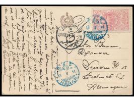 1/2 G. Wappen (Ausgabe 1909) auf Formularkarte, 2 x blauer Stempel  Harar  13.3.11, nach Dresden, Durchgangsstempel Port Said