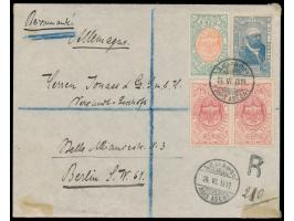 Ausgabe 1909: 2 x 1/2 G., 1 G. und 2 G. auf  Einschreibbrief  mit Stempel  Adis Abeba  24.6.1911 nach Berlin, R-Stempel mit h