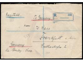 Ausgabe 1927:  Viererblock und Paar 15 Pl. und 3 x 30 Pl. mit verschiedenen Entwertungen rückseitig auf  Einschreibbrief  mit