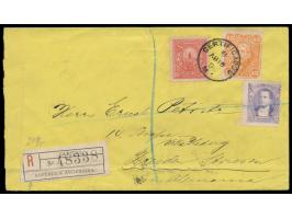 1 C. (1882), 15 C. (1887) und 2 C. (1890) auf Einschreibbrief mit Stempel  Certificados M. A.  18.4.90 und frühem  R-Zettel "